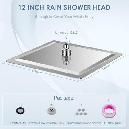 12 inch Brushed Nickel Rain Shower Head - All Metal 304 Stainless Steel, Full Body Rainfall Shower with 144 Silicone Nozzles - Square Showerheads Ceiling or Wall Mount Modern Bathroom - color: Brushed Nickel, size: 12 Inch Square