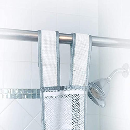Skywin Hanging Mesh Shower Caddy, 7 Pockets, Quick Dry, 60 x 6 In - White | 60 x 6 In, Shower Organizer for Rod or Door, Portable for RV Dorm Cruise Camping, Velcro Strap, Polyester, Foldable