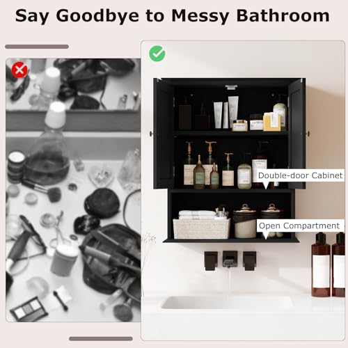 Bathroom Wall Cabinet, Over the Toilet Storage Cabinet with 2 Doors, 3 Heights Adjustable Shelf & Open Shelf, Wooden Hanging Medicine Cabinet for Bathroom, Kitchen, Living & Laundry Room, Black - color: Black