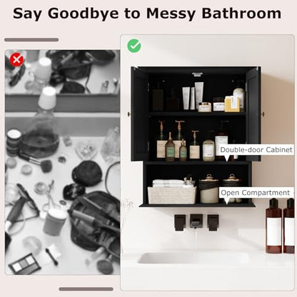 Bathroom Wall Cabinet, Over the Toilet Storage Cabinet with 2 Doors, 3 Heights Adjustable Shelf & Open Shelf, Wooden Hanging Medicine Cabinet for Bathroom, Kitchen, Living & Laundry Room, Black - color: Black