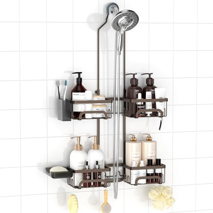 REINHARDT Split Shower Caddy Hanging for Handheld Showerheads, Bronze | Adjustable Shower Organizer, Rustproof, 16 Hooks, Soap Holder, 40lbs Capacity, Anti-Slip, Tool-Free, Bathroom Accessories - color: Bronze