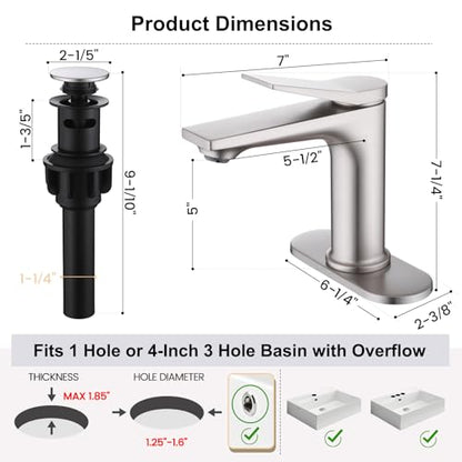 Rbrohant Single Hole Bathroom Faucet, Brushed Nickel Single Handle Bathroom Sink Faucets for 1 Hole, Bathroom Vanity Faucet with Pop up Drain and Cover Plate, Deck Mount, R2001-BNP - color: Brushed Nickel, style: With Escutcheon