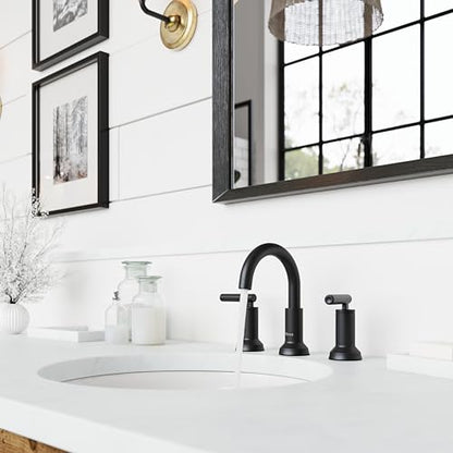 Pfister Capistrano Widespread 3 Hole Matte Black Bathroom Sink Faucet with 2 Handles Push & Seal Drain NSF Certified Spot Defense Finish Farmhouse Style Vanity LF049CSOSDB - color: Spot Defense Matte Black, size: 1 Pack