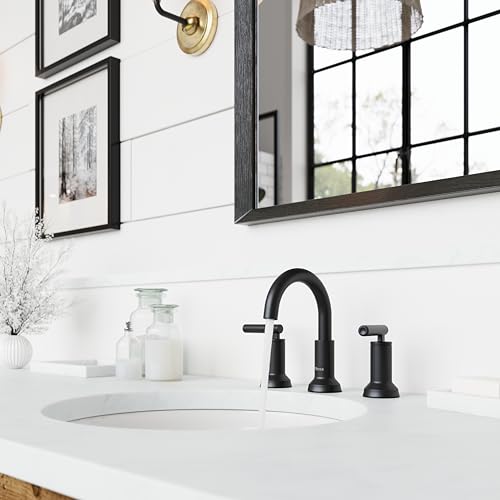 Pfister Capistrano Widespread 3 Hole Matte Black Bathroom Sink Faucet with 2 Handles Push & Seal Drain NSF Certified Spot Defense Finish Farmhouse Style Vanity LF049CSOSDB - color: Spot Defense Matte Black, size: 1 Pack