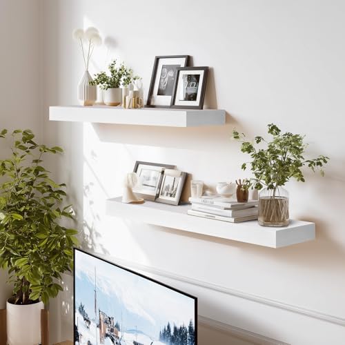 Solid Wood Floating Shelves, 24 Inch Wall Shelves, Set of 2, White | 8 Inch Deep, 1.6 Inch Thick, Extra-Wide Display Space, Mounting Hardware Included, For Kitchen, Bathroom and Living Room - color: White, size: 24x8x1.6