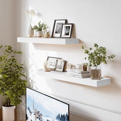 Solid Wood Floating Shelves, 24 Inch Wall Shelves, Set of 2, White | 8 Inch Deep, 1.6 Inch Thick, Extra-Wide Display Space, Mounting Hardware Included, For Kitchen, Bathroom and Living Room - color: White, size: 24x8x1.6