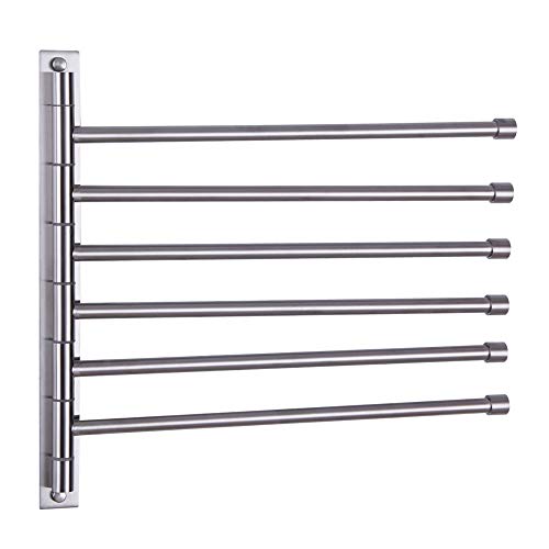 Swivel Towel Bar 6-Arm Bathroom Towel Holder Wall-Mounted Swing Out Towel Rack with Hooks Rustproof Brushed Finish - color: Brushed