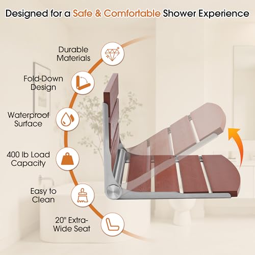 20" Folding Shower Seat, Fold Down Shower Seat Wall Mounted, Stainless Steel Frame with HDPS Seat, 400 lb Load Capacity, Folding Shower Bench for Seniors & Elderly (Red) - color: Red