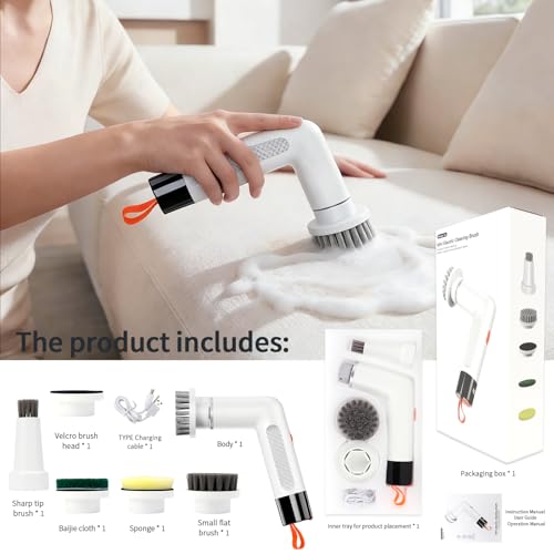 6-in-1 Electric Spin Scrubber with 5 Brush Heads – Cordless, Rechargeable, Dual-Speed & Waterproof, Electric Scrubber for Cleaning Bathroom Tile Floor Window Kitchen Sink