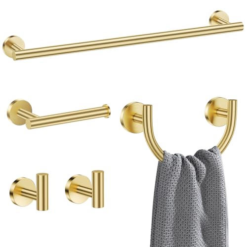 5-Piece Bathroom Hardware Accessories Set,Brushed Gold Towel Bar Set with Smiley Face Towel Rings, Stainless Steel Wall-Mounted Towel Holder Set for Bathroom,23.6 Inch - color: Gold