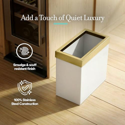 Gatco Modern Rectangle Wastebasket, Matte Pearl and Brushed Brass Combo - Stainless Steel Trash Can with Removable Lid, Leakproof, 3 Gallon Capacity for Bathroom, Bedroom, Kitchen, or Office - color: Matte Pearl / Brass