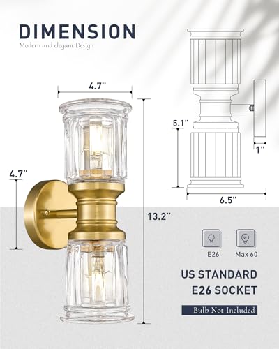 Gold Wall Sconces, HWH Single Wall Vanity Light Fixture for Bathroom Living Room Bedroom, Bathroom Wall Sconces with Bell-Shaped Clear Glass, Gold Finish, 5HZG106B-2W BG - color: Brushed Gold, size: 2-Light
