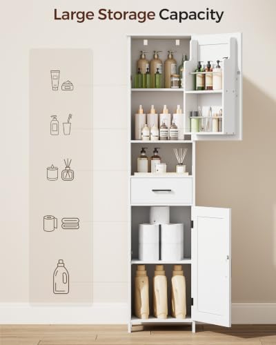 67" Tall Bathroom Storage Cabinet with Adjustable Shelf, Narrow Cabinet | Farmhouse Kitchen Cabinet with 2 Doors, Narrow Floor Cabinet for Kitchen, Bathroom, Dining Room, Laundry Room, White