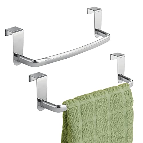 mDesign Steel Metal Wire Over Cabinet Towel Rack Storage Organizer - Hang on Cabinet or Door - Towel Bar Holder for Kitchen - Holds Hand Towels, Washcloths - Spira Collection, 2 Pack, Chrome - color: Chrome, size: Pack of 2