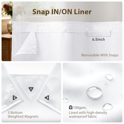 White Hook Free Chevron Shower Curtain & Fabric Liner,72x75 | Less Time to install, 3 in 1 Fabric Shower Curtain and Liner Set with Magnets, Mesh Top Window, Shower Curtains for Bathroom - color: A White, size: 72"W x 75"L (Pack of 1)