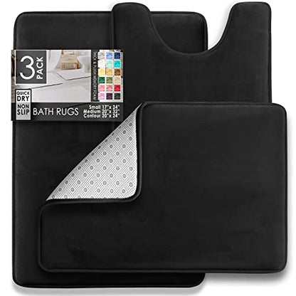 Clara Clark 3 Piece Bathroom Rugs Bath Mat Set, Velvet Memory Foam Bath Mats for Bathroom - Non-Slip, PVC Backing Bath Rugs, Washable - Dries Quickly, Black - color: Black