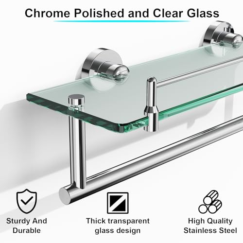 16-Inch Floating Tempered Glass Bathroom Shelf with Towel Bar - Chrome Polished & Stainless Steel, Wall Mount - color: Chrome Polished, size: 16-inch with Railing