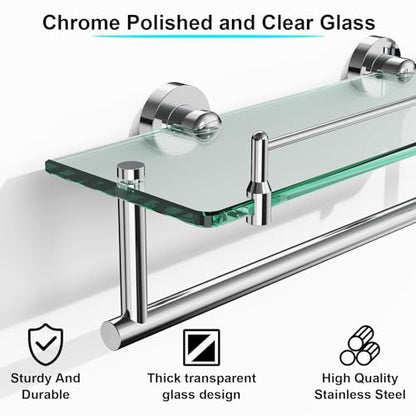 16-Inch Floating Tempered Glass Bathroom Shelf with Towel Bar - Chrome Polished & Stainless Steel, Wall Mount - color: Chrome Polished, size: 16-inch with Railing