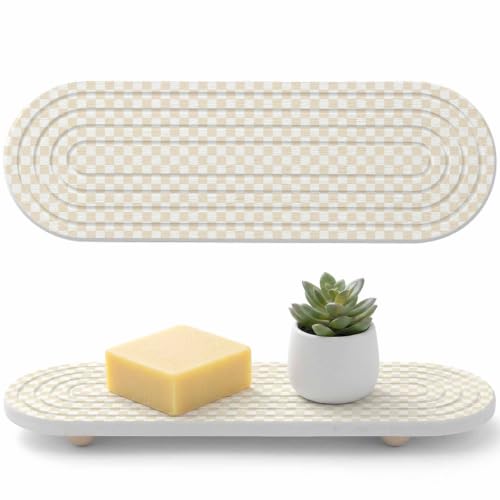 Water Absorbing Stone Drying Tray for Bathroom Sink Cream Chessboard Diatomite Coasters Quick Dry Stone Mat with Wooden Feet Square Blocks Plaid Drying Mat for Kitchen Counter Soaps Organizer 12"x4" - color: Cream