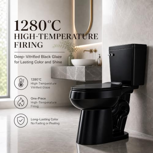 ELLAI Two Piece Elongated Toilets ADA Chair Comfort Height 17.24" Powerful Single Flush 1.28 GPF 12” Rough In with Side Trip Lever, Glossy Black 28.3"x17.2“x31"