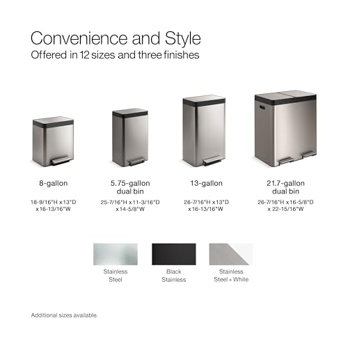 Kohler 20956-STW 11 Gallon Dual Compartment Trash Can, Quiet-Close Lid, Trash Can with Soft-Close and Foot Pedal, Stainless and White - color: White Stainless Steel, size: 11 Gallon - Dual Compartment