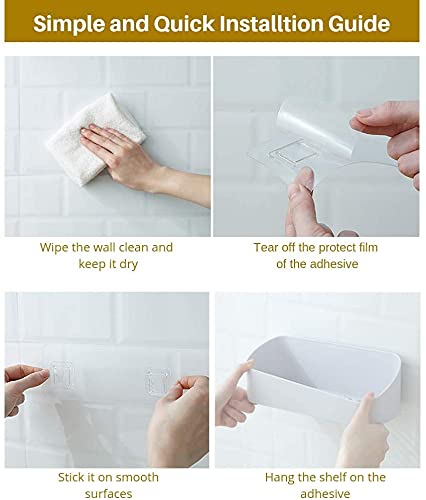 SUNFICON Adhesive Shower Caddy Wall Mounted Bathroom Shelf Organizer Storage Rack No Drilling Shower Shelf Bath Essentials Shampoo Spice Holder 2 Clear Adhesives for Shower Room Bathroom Kitchen White
