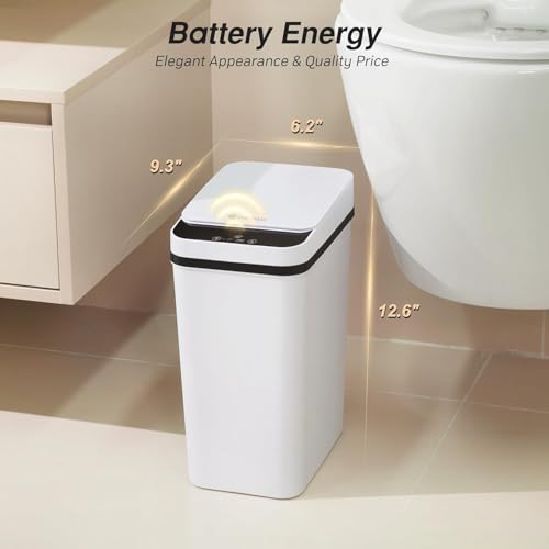 FRESHLIX Bathroom Garbage Can with Lid, 2.6 Gallon Diaper Trash Can, Automatic Trash Cans Touchless, Slim Waterproof Smart Commercial Trash Can for Bedroom, Bathroom, Office, Living Room, Toilet, RV - color: A-Basic Battery Supply-White, size: 1 Pack(2.6