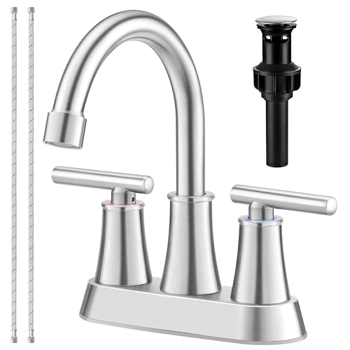 Herogo Bathroom Faucet for Sink 3 Holes Brushed Nickel, 4 Inch 2-Handle Centerset Bathroom Sink Faucet with Pop-Up Drain & Supply Hoses, 18/10 Stainless Steel, for RV Vanity Lavatory - color: Brushed Nickel, style: Cylindrical Handles