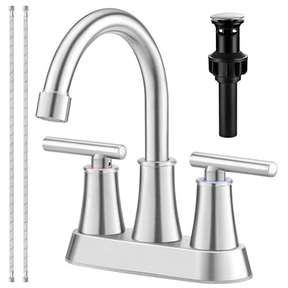 Herogo Bathroom Faucet for Sink 3 Holes Brushed Nickel, 4 Inch 2-Handle Centerset Bathroom Sink Faucet with Pop-Up Drain & Supply Hoses, 18/10 Stainless Steel, for RV Vanity Lavatory - color: Brushed Nickel, style: Cylindrical Handles