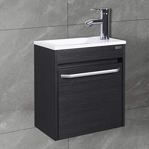 wonline 16” Bathroom Vanity Sink Combo for Small Space Black Wall Mounted Cabinet Set Design White Resin Basin Sink Top Chrome Faucet - color: Black