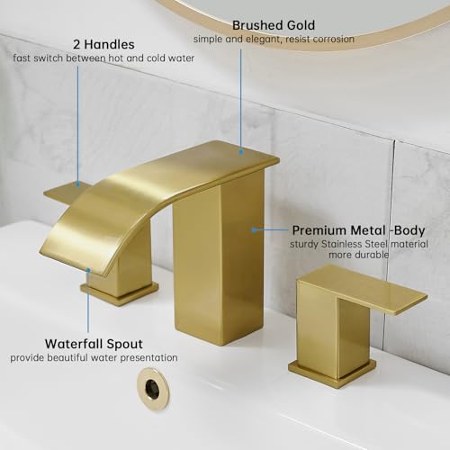RUMOSE Bathroom Faucets Gold Bathroom Sink Faucet 3 Hole with Drain | 8 inch Widespread 2 Handles Lavatory Vanity Faucet Set, Waterfall Spout, Deck Mounted, Pop Up Drain, Stainless Steel - color: Brushed Gold