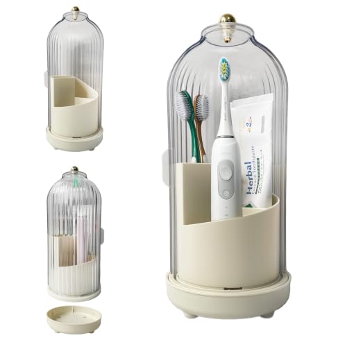 Dustproof Toothbrush Holders with Cover, Rotating Drainage Electric Toothbrush Organizer for Bathroom, 3 Slots Makeup Brush Holder with Sliding Lid for Vanity (Cream White) - color: Cream White