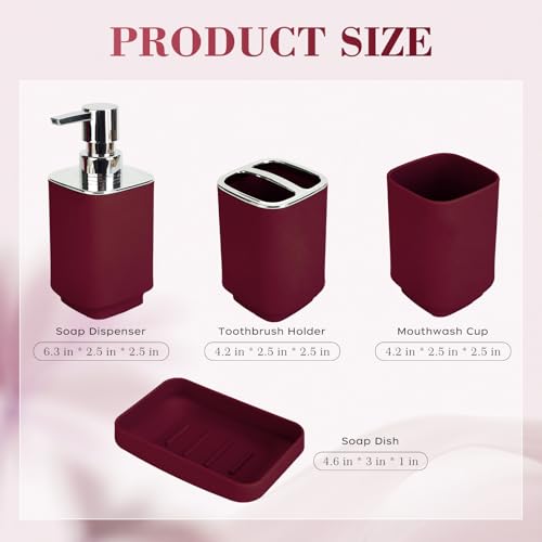 4Pcs Burgundy Bathroom Set, Square Boho Soap & Toothbrush Holder Set | Thick shatterproof ABS, electroplated rust-proof pump, drip-free, multi-slot holder, dustproof lids, easy-clean - color: Burgundy, size: 4PCS