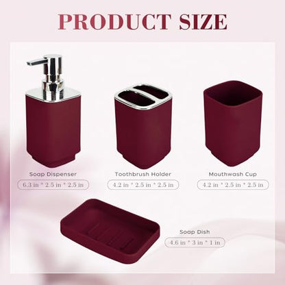 4Pcs Burgundy Bathroom Set, Square Boho Soap & Toothbrush Holder Set | Thick shatterproof ABS, electroplated rust-proof pump, drip-free, multi-slot holder, dustproof lids, easy-clean - color: Burgundy, size: 4PCS