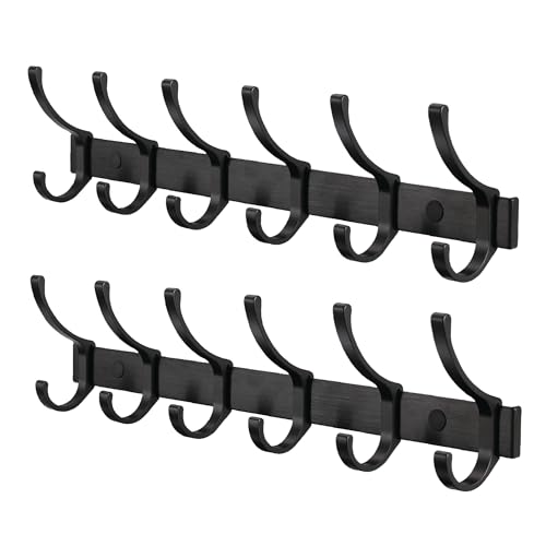 Coat Rack Wall Mounted - 6 Double Hooks, Heavy Duty, Aeropace Grade Aluminum Alloy, Metal Coat Hook Hanger Entryway Bathroom (Brushed Black Metalic, 6 Hooks - 2 Pack) - color: Brushed Black Metalic, size: 6 Hooks - 2 Pack