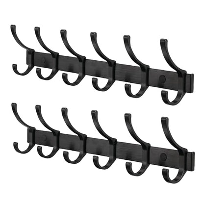 Coat Rack Wall Mounted - 6 Double Hooks, Heavy Duty, Aeropace Grade Aluminum Alloy, Metal Coat Hook Hanger Entryway Bathroom (Brushed Black Metalic, 6 Hooks - 2 Pack) - color: Brushed Black Metalic, size: 6 Hooks - 2 Pack
