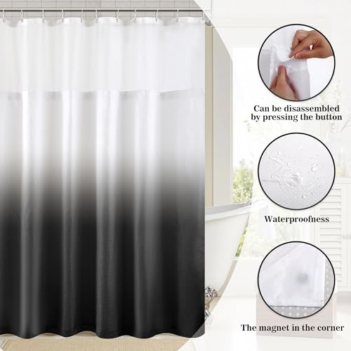 YI & ZE Black Waffle Weave Shower Curtain with Snap-in Liner, 72W x 72L | Slub Textured Heavy Fabric, Waterproof & Washable, Equipped with 12 Metal Hooks - color: Waffle Black, size: 72"W x 72"L (Pack of 1)