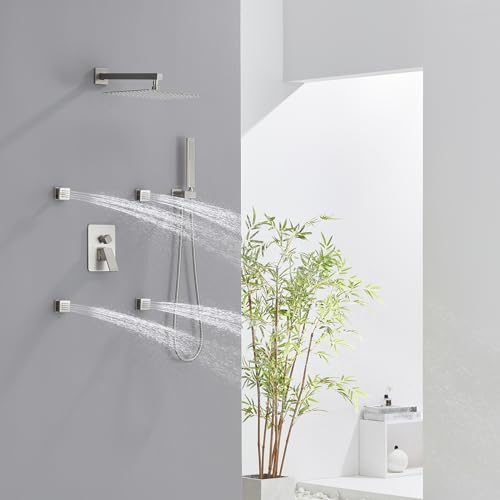Iriber Brushed Nickel Square Rain Shower System with 4 PCS Body Jets 3 Function Shower Faucet Set Wall Mounted Pressure Balance Shower Trim Kit (Valve Included) - color: Brushed Nickel 03