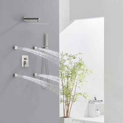 Iriber Brushed Nickel Square Rain Shower System with 4 PCS Body Jets 3 Function Shower Faucet Set Wall Mounted Pressure Balance Shower Trim Kit (Valve Included) - color: Brushed Nickel 03