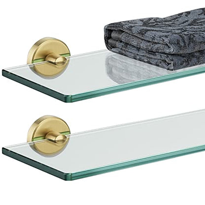 JQK Bathroom Glass Shelf Gold, Tempered Glass Shower Storage 12 by 5 inches, 304 Stainless Steel Brushed Gold Wall Mount 2 Pack, TGS101L12-BG-P2 - color: Gold, size: 12 Inch (2 Pack)