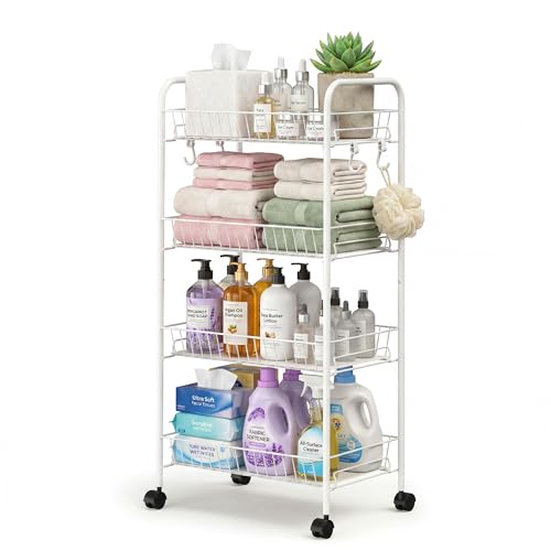 PLKOW 4-Tier Rolling Utility Cart with Detachable Baskets, White | 4-tier steel cart with detachable baskets, anti-fall pads, hooks, and 360° wheels for compact home storage. - color: White