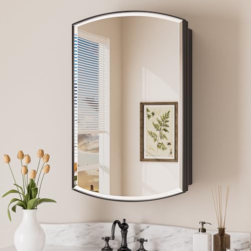 Keonjinn Black Bathroom Medicine Cabinet with Mirror 16"x26", Metal Framed | Adjustable Shelves, Different Curved Frame Design, Fully Assembled, Wall Mirror with Storage, Surface Mount or Recessed - color: Black, size: 16"W x 26"H x 5"D