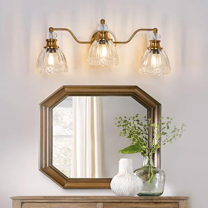 ASGYISA Lyfeesis Gold Bathroom Light Fixtures Over Mirror Vintage Brass Vanity Light 3 Light Crystal Glass Shade Matte Antique Brass Finish