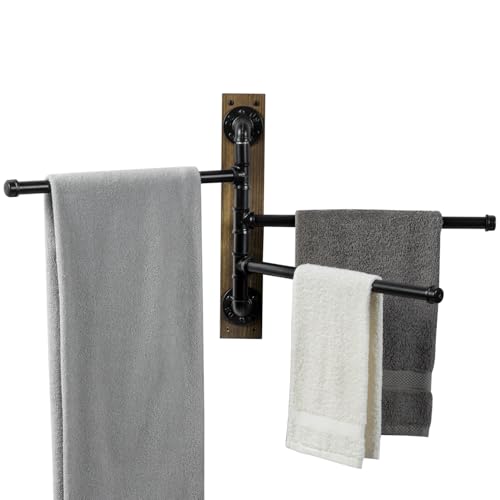 MyGift Wall Mount Swivel Towel Rack with 3 Tier Metal Pipe Bars & Wood Base | Swing-out design keeps towels organized and accessible while adding rustic industrial style to bathrooms, and pools areas - color: Burnt Wood / Black