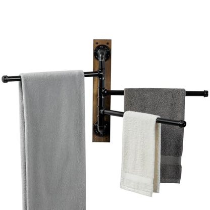 MyGift Wall Mount Swivel Towel Rack with 3 Tier Metal Pipe Bars & Wood Base | Swing-out design keeps towels organized and accessible while adding rustic industrial style to bathrooms, and pools areas - color: Burnt Wood / Black