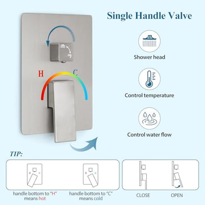 Brushed Nickel Square Rainfall Shower Head Set with Handheld, 10" | 10 Inch Square Head, With Shower Valve, Rustproof Brushed Nickel, High Pressure Raindrop - color: Brushed Nickel, style: 2 Setting-10in