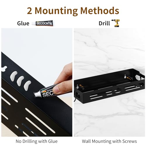 Wall Mount Paper Towel Holder with Shelf, Self Adhesive or Drill, Black | Easy One-handed Operation Design, Metal Hand Paper Towel Holder for bathroom, Kitchen, RV Paper Roll Holder Rack with 2 Hooks - color: Black