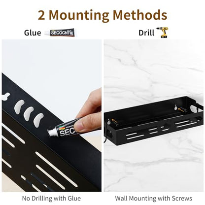 Wall Mount Paper Towel Holder with Shelf, Self Adhesive or Drill, Black | Easy One-handed Operation Design, Metal Hand Paper Towel Holder for bathroom, Kitchen, RV Paper Roll Holder Rack with 2 Hooks - color: Black