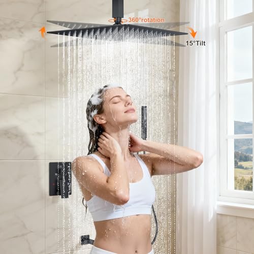 Shower System with Tub Spout, Ceiling Mounted Bathtub Shower Faucet Set, 12" Rainfall Shower Head and Handheld Shower Combo, High Pressure Shower Fixtures Set with Rough-in Valve, Matte Black - color: Matte Black, style: 12" Ceiling Mounted Shower System