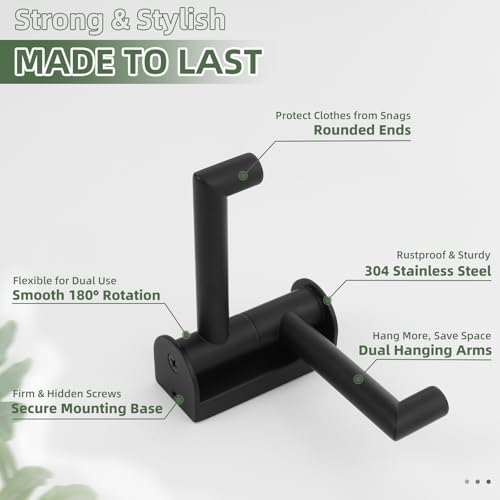 Aomasi Matte Black Swivel Towel Hook 2 Arms, 304 Stainless Steel Bathroom Double Towel Holder, Wall Mounted - color: Matte Black, size: 1 Pack